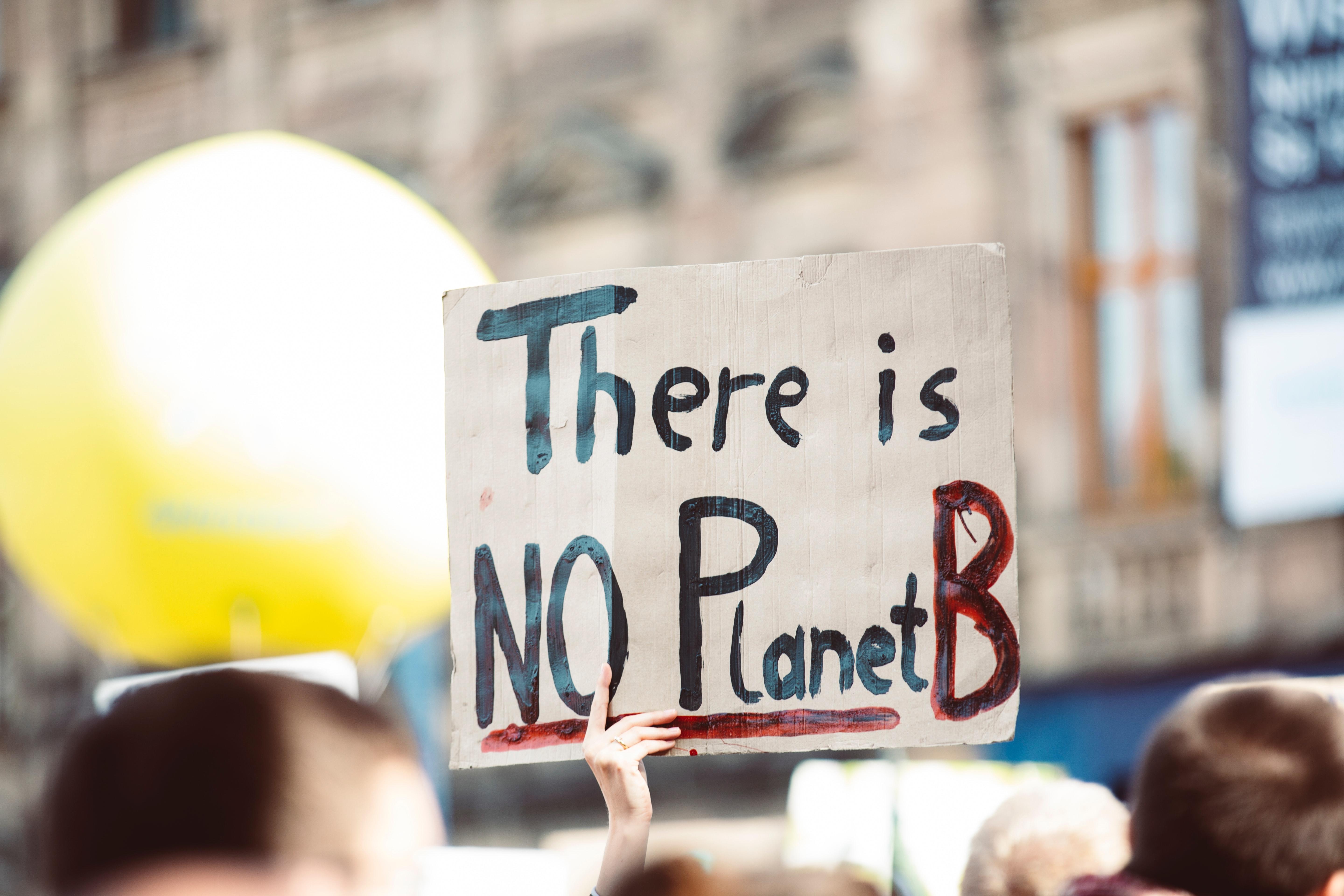 Hand holding up a sign saying "there is no planet b"