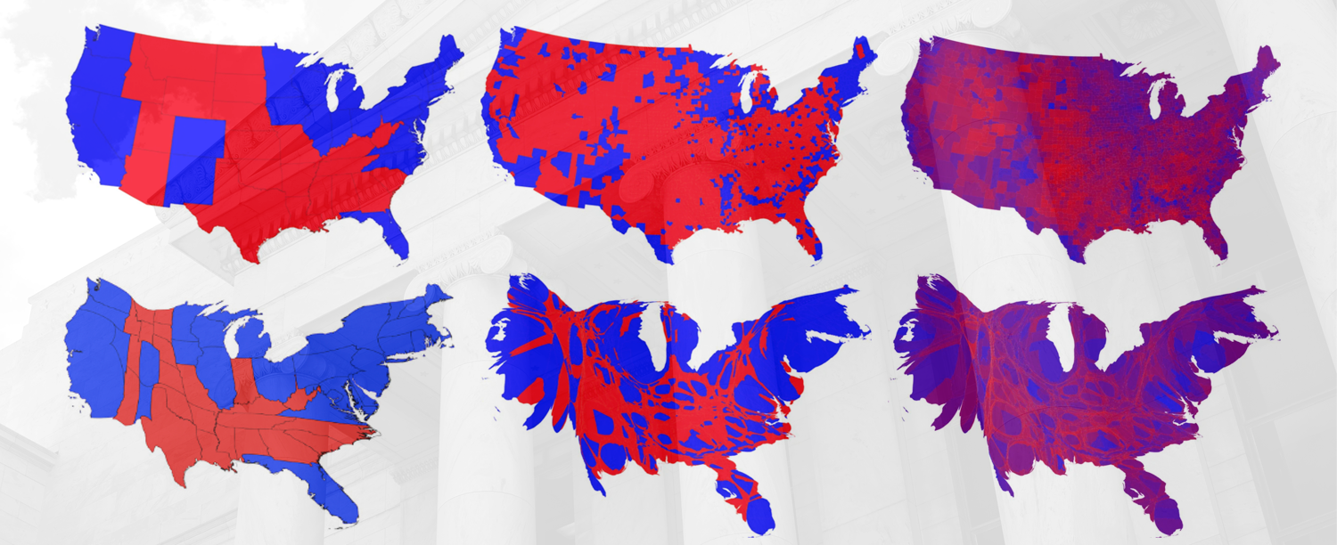 Six maps of the US showing alternative versions of 2016 presidential election data