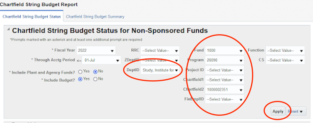 Screenshot of Chartfield String Budget Status for Nonsponsored Funds with Department ID (IAS) and key  program numbers (listed above) circled