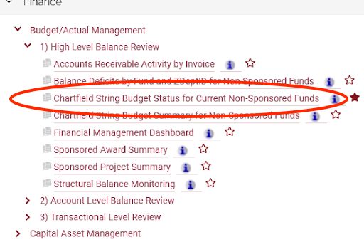 Screenshot of Finance section of Reporting Center with "Chartfield String Budget Status for Current Non-Sponsored Funds" circled
