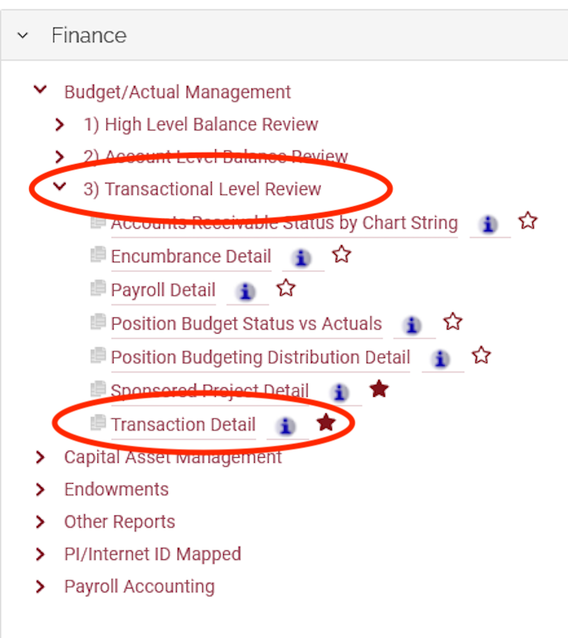 Screenshot of Finance section of Reporting Center with "Transactional Level Review" circled, and "Transaction Detail" circled