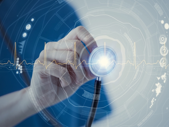 Image of nurse with stethoscope and illustration of heart monitor and other data superimposed radiating from center