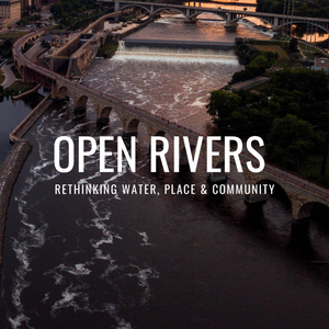 Open Rivers logo over aerial view of Mississippi River